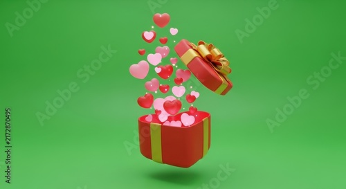 Floating hearts and gift box on green background.