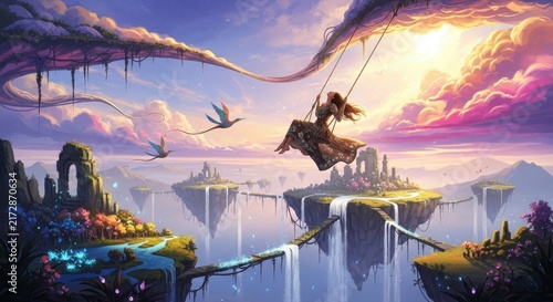 Floating Islands and Dragon in Fantasy Sky Landscape.