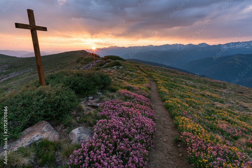 Fototapeta premium The Cross on Mountain Ridge Overlooking Sunset and Blooming Wildflowers Along Trail