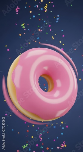 Floating pink donut with colorful confetti on dark background.