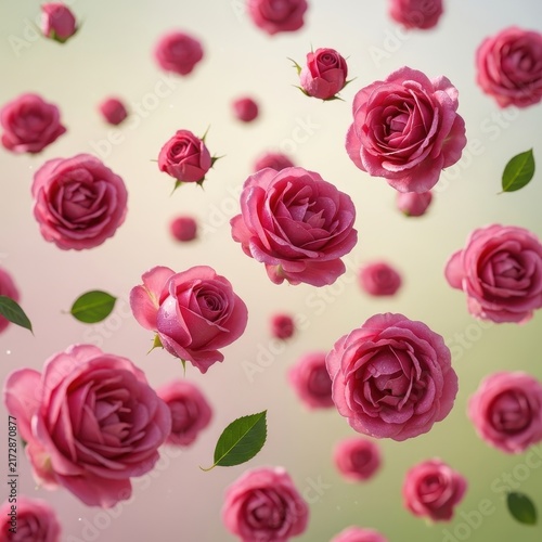 Floating Pink Roses with Green Leaves on Soft Background.