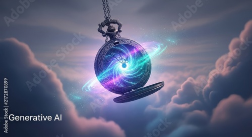 Floating Pocket Watch with Cosmic Swirls in Sky.