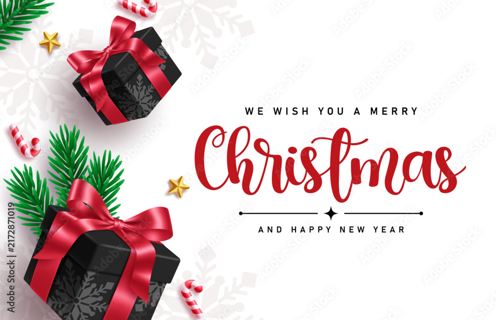 Obraz premium Merry Christmas and Happy New year greeting card template clipart design. Wishing Christmas card with black gift boxes, pine branches, candy cane and gold stars in snowflakes copy space white 