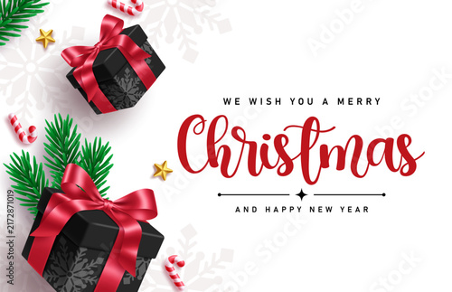 Merry Christmas and Happy New year greeting card template clipart design. Wishing Christmas card with black gift boxes, pine branches, candy cane and gold stars in snowflakes copy space white 