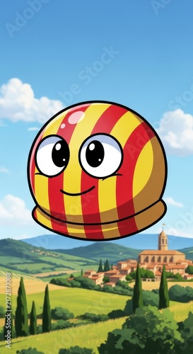 Floating Smiley Balloon Over Rural Village Landscape.
