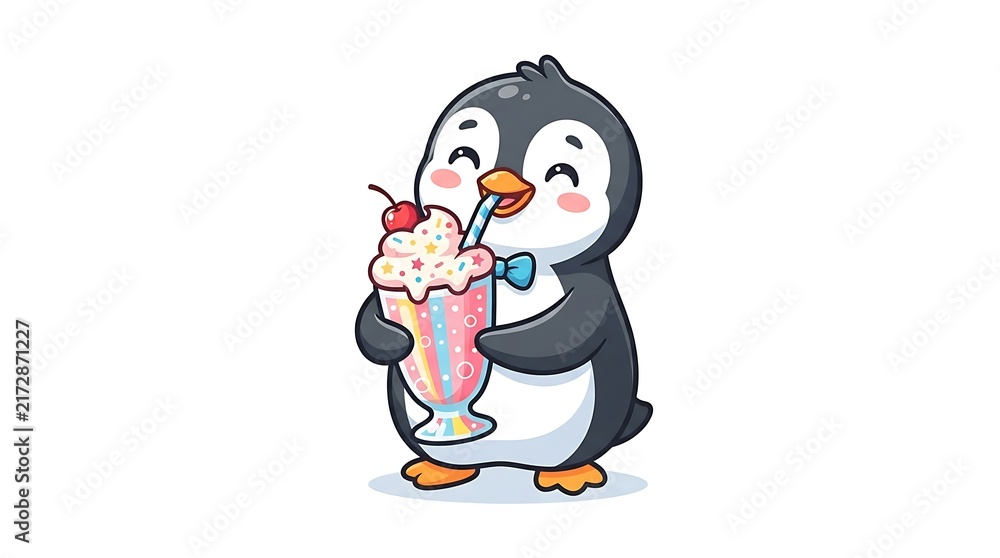 Obraz premium Cute cartoon penguin drinking a sweet milkshake with whipped cream and a cherry on top