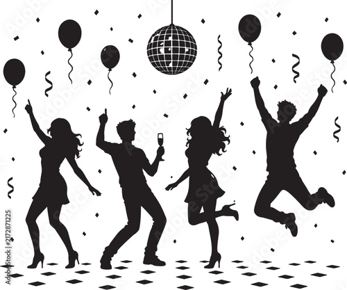 Silhouette Party People Dancing with Balloons Champagne and Disco Ball Celebration