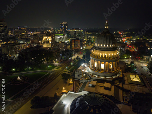 Aerial night shot of urban architecture with central dome