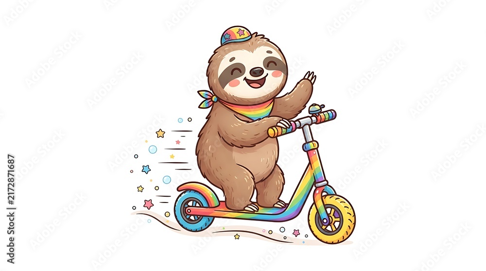 Naklejka premium Cute cartoon sloth riding a colorful rainbow scooter with a cheerful expression and stars