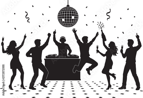 Large Group Silhouette Party Dancers Surrounding DJ Booth Under Disco Ball