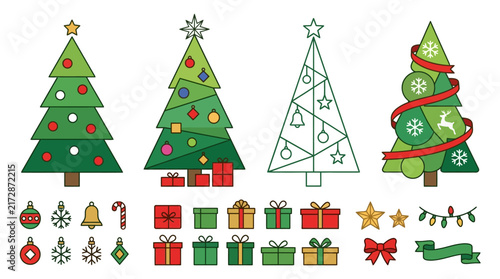 Colorful Christmas tree decorations with holiday symbols and patterns.