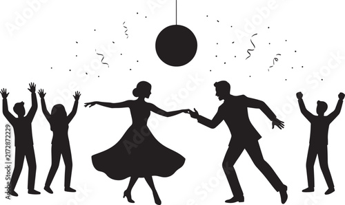 Couple Dancing Silhouette with Friends Celebrating Under Disco Ball Party Scene