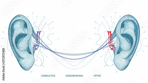 Foto Stylized vector illustration of a human ear showing conductive hearing pathways with abstract lines, ideal for medical education and healthcare marketing