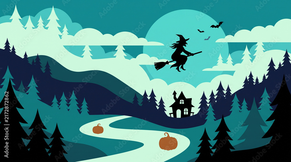 Fototapeta premium Witch soaring over enchanted forest at night under full moon with flying bats and glowing river