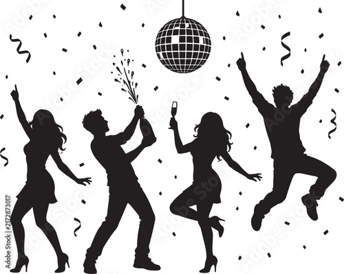 Four Silhouette People Celebrating and Dancing Under Disco Ball with Champagne Spray