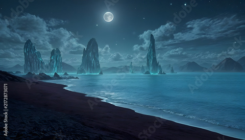Moonlit ocean with dramatic rock formations.