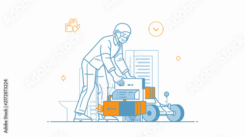 A clean line art illustration of a professional person in a suit, featuring a minimalist aesthetic with blue and orange accents and copy space for corporate branding.