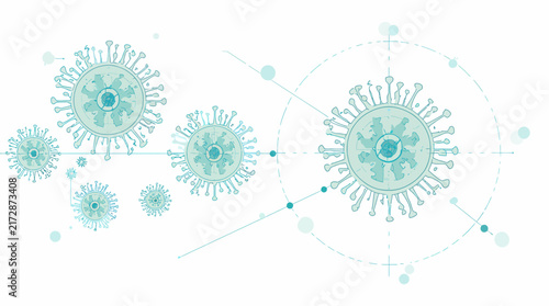 Abstract vector illustration of virus cells with spike proteins in a teal color palette, ideal for medical infographics and scientific marketing.