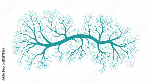 A minimalist vector illustration of a teal tree branch with intricate twigs and small buds, isolated on a white background for creative design projects.