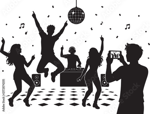 Disco Party Silhouette with DJ Booth Dancers and Person Taking Photo on Phone