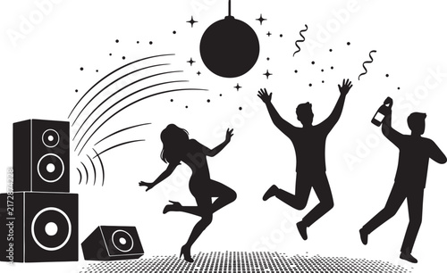 Silhouette People Dancing with Large Speakers and Disco Ball at Nightclub Party