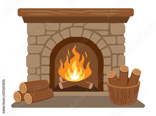 Brick fireplace with logs in a bucket