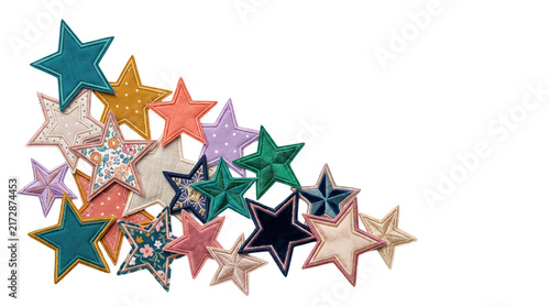 Handcrafted fabric stars with embroidery, colorful textile star ornaments on white, decorative sewing craft collection