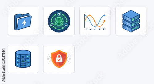 Obraz na płótnie Icons for datasets and metrics: evaluation, perplexity, truthfulness, latency, cost; model sharding options.