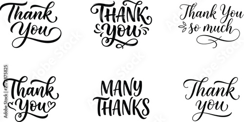 Collection of hand written thank you lettering designs for greeting cards and social media posts isolated on white background
