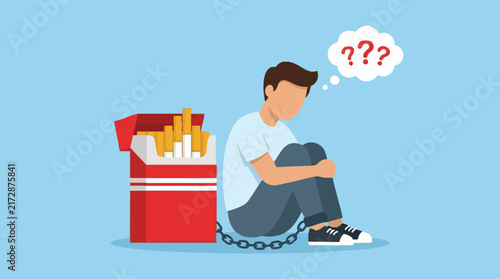 Bild auf Leinwand Man chained to cigarettes, symbolizing addiction and struggle to quit smoking