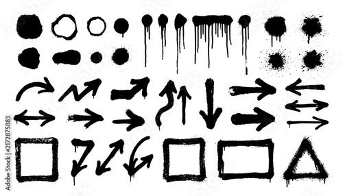 Set of black graffiti spray elements, stains, drops, arrows and frames