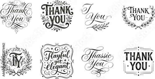 Set of eight elegant thank you hand lettering designs with floral elements and decorative vintage style typography