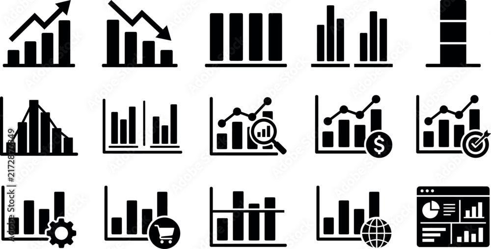 Obraz premium Set of black and white business graph icons representing financial growth market analysis data statistics and performance tracking for corporate reports