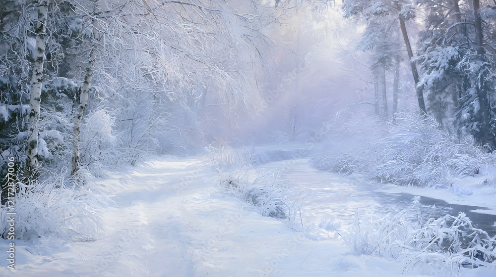 Fototapeta premium Serene winter landscape of a snow covered path winding through a frosty pine forest and icy river