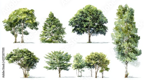 58.Set of big leafy trees with varied silhouettes, tall straight trunks and spreading crowns, lush green foliage captured in fine detail, isolated design elements with clean white backdrop, natural