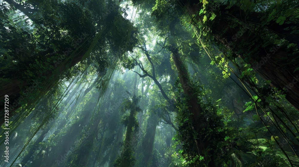 Fototapeta premium 63.Deep rainforest interior with towering trunks and dense leafy canopy, springtime growth visible on branches, climbing vines and epiphytes, beams of sunlight breaking through foliage, humid mist