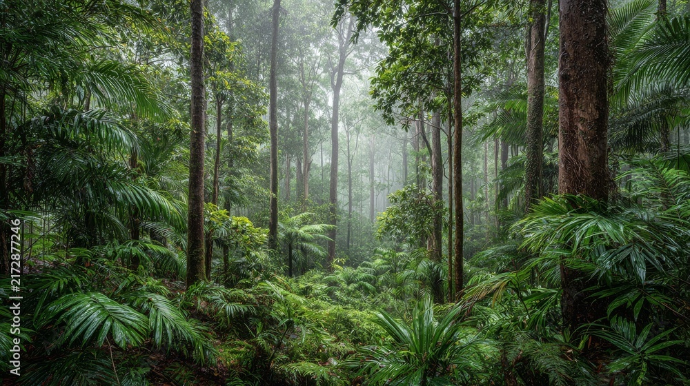 Fototapeta premium 64.Wide rainforest landscape dominated by thick greenery, young tree trunks and sprouting leaves, subtropical humidity visible as haze, tangled undergrowth of palms and broad leaves, soft rain from