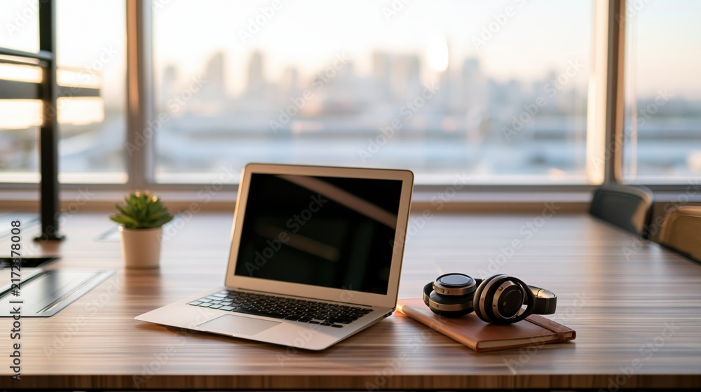 Fototapeta premium Modern Laptop and Headphones on Desk with Cityscape View