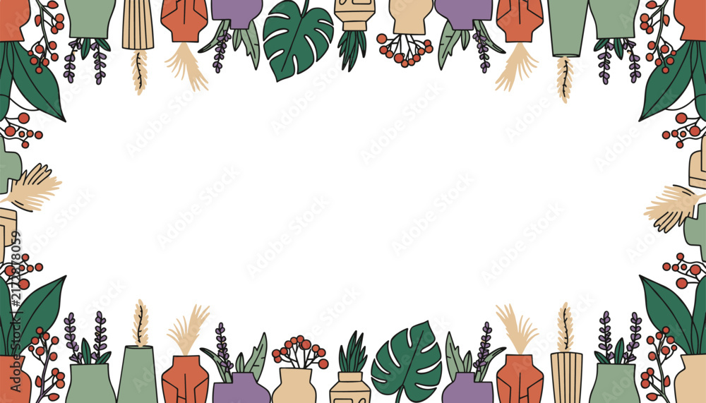 Fototapeta premium Floral and botanical decorative frame made of colorful vases, leafy plants, lavender, and berries on a white background for layout design.