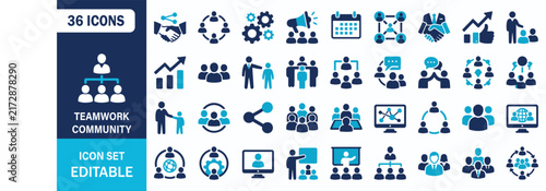 Teamwork Community Icon Set Showing Business People Group Network Organization Meeting Collaboration Partnership Management Vector Illustration Collection