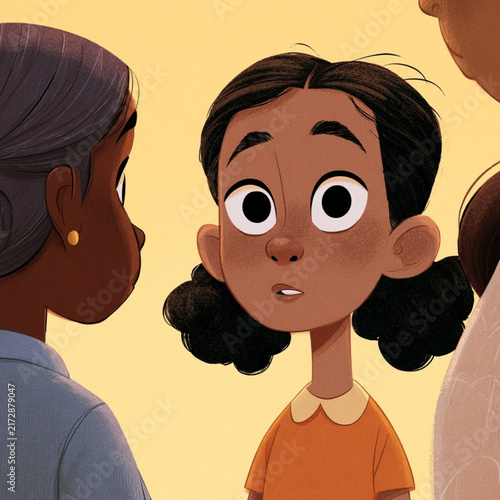 Cute Black Child Talking with Adults, Educational Cartoon