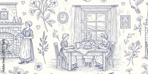 Hand Drawn Pattern With Vintage Kitchen Toile de. Featuring delicate florals, wildflowers. This seamless pattern is crafted to perfection. texture