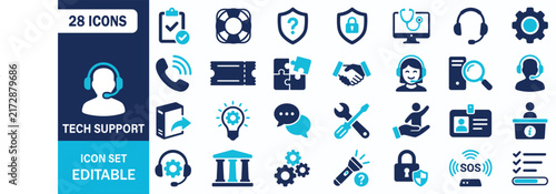 Tech Support Icon Set Showing Customer Service Helpdesk Headset Security Repair Troubleshoot Assistance Vector Illustration Collection
