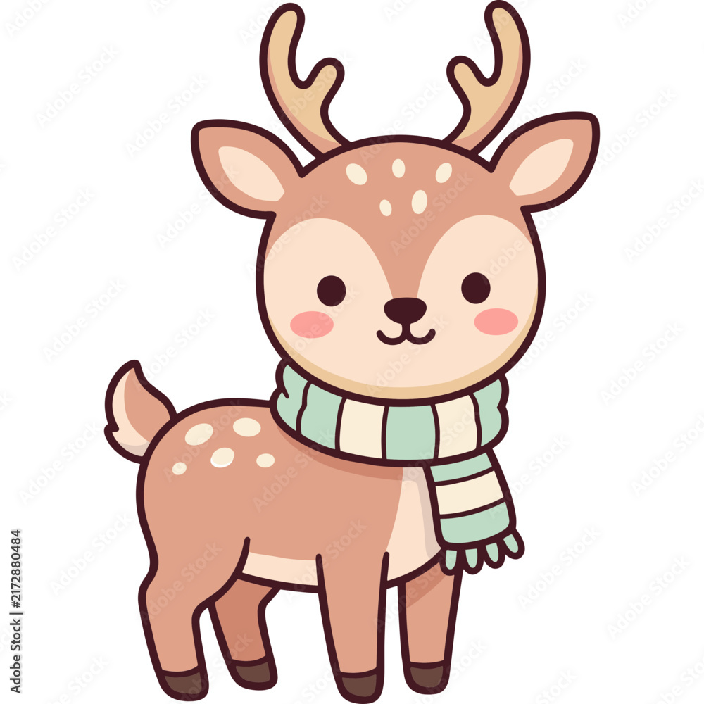 Obraz premium Adorable kawaii fawn wearing a striped winter scarf minimalist reindeer illustration for Christmas decor