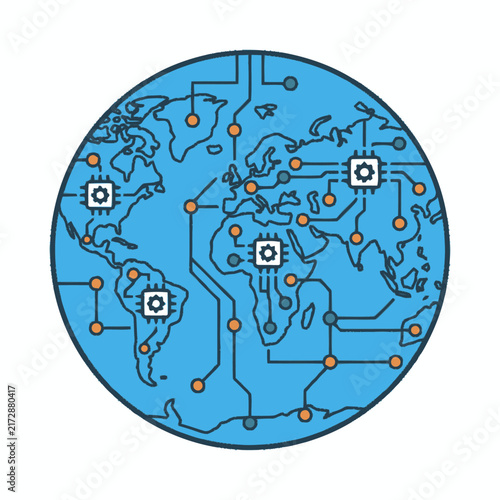 Global Network Connections on Circuit Board World Map.