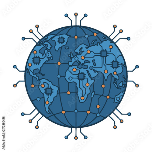 Global network connectivity illustrated on a stylized world map.