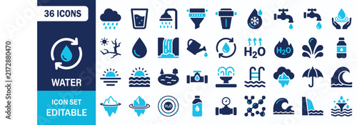 Water Icon Set Showing Droplet H2O Recycling Faucet Filter Wave Ocean Conservation Vector Illustration Collection