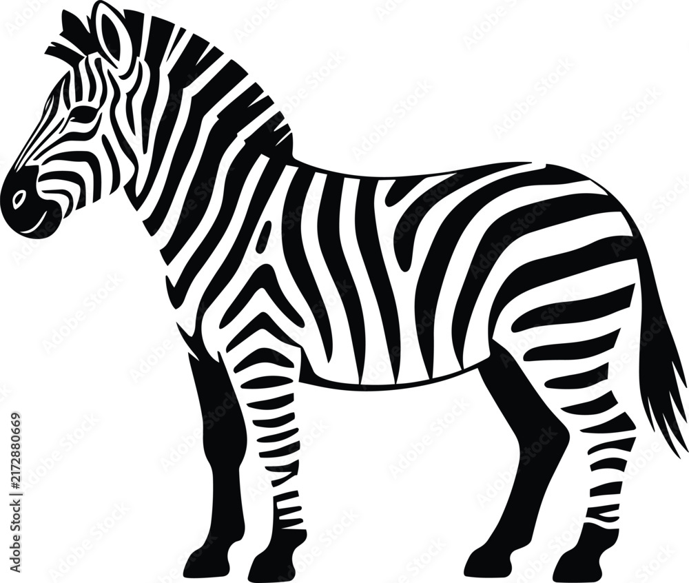 Fototapeta premium Zebra standing in side profile with clean black and white stripes, classic African safari mammal representation isolated on a solid white background