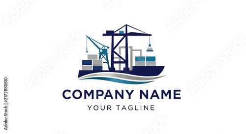 Modern shipping company logo with crane and cargo ship design.