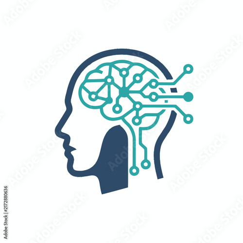 Human head silhouette with circuit board brain design.
